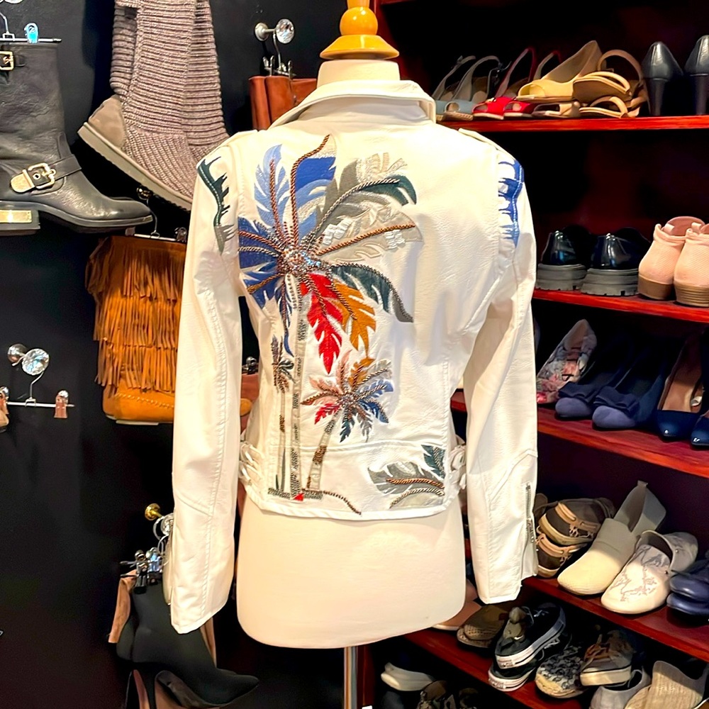 Blank NYC White Leather Jacket with Colorful Palm Design